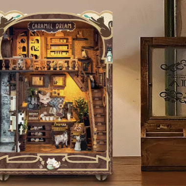 Sisyphus Cat Café DIY Wooden Miniature – Mortise-and-Tenon Bookend Model Kit & Decorative Gift